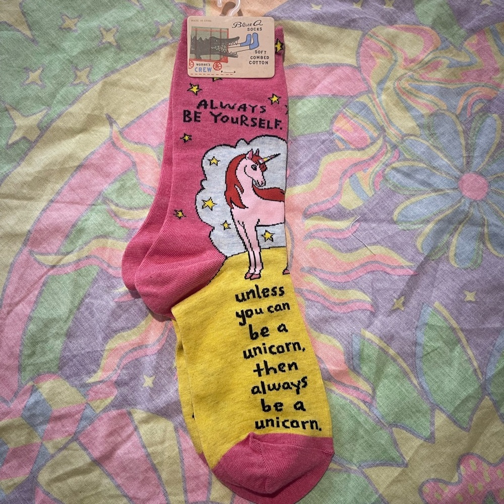 Blue Q Pink & Yellow Unicorn Crew Socks